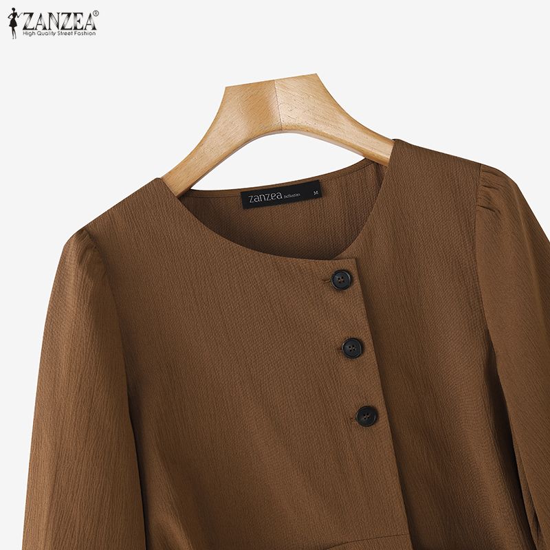 ZANZEA Dámská ležérní jednobarevná halenka s kulatým výstřihem s dlouhým rukávem