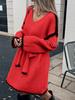 Women's Loose-fit Knitted V-neck Long Sleeve Dress With Belt