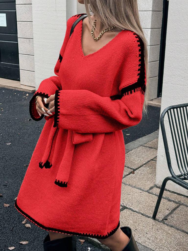 Women's Loose-fit Knitted V-neck Long Sleeve Dress With Belt