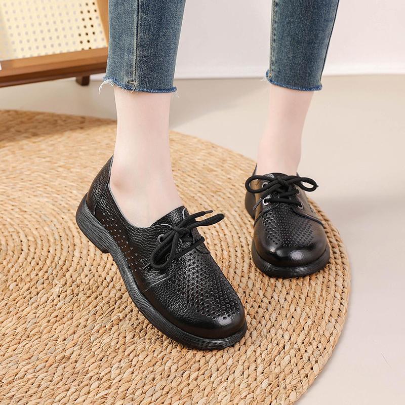 2026 Spring Summer Genuine Leather Women Casual Shoes Comfort Flat Round Toe Mother Shoes for Daily Wear Plus Size 41