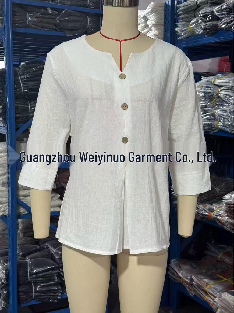 2026 Cotton Linen Three-Quarter Sleeve Button-Down Casual Loose Top Solid Color Shirt