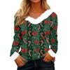 Women's Casual Long Sleeve Christmas Print Plush Collar Top for Winter Holiday Festive
