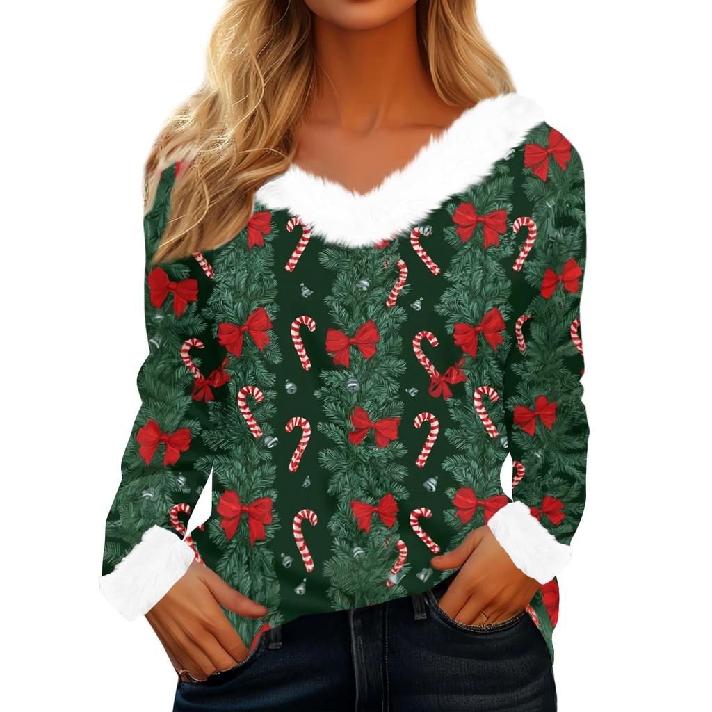 Women's Casual Long Sleeve Christmas Print Plush Collar Top for Winter Holiday Festive
