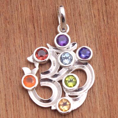 Crystal Healing Pendant, Reiki Pendant, Silver Charm Pendant, Handmade Jewelry, Om Pendant, 925 Sterling Silver, 7 Stone Pendant
