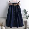 Summer High Waist Midi A-Line Skirt With Belt  Elastic Waist Pocket Design Slimming Pure Color Split Half Body Skirts for Women