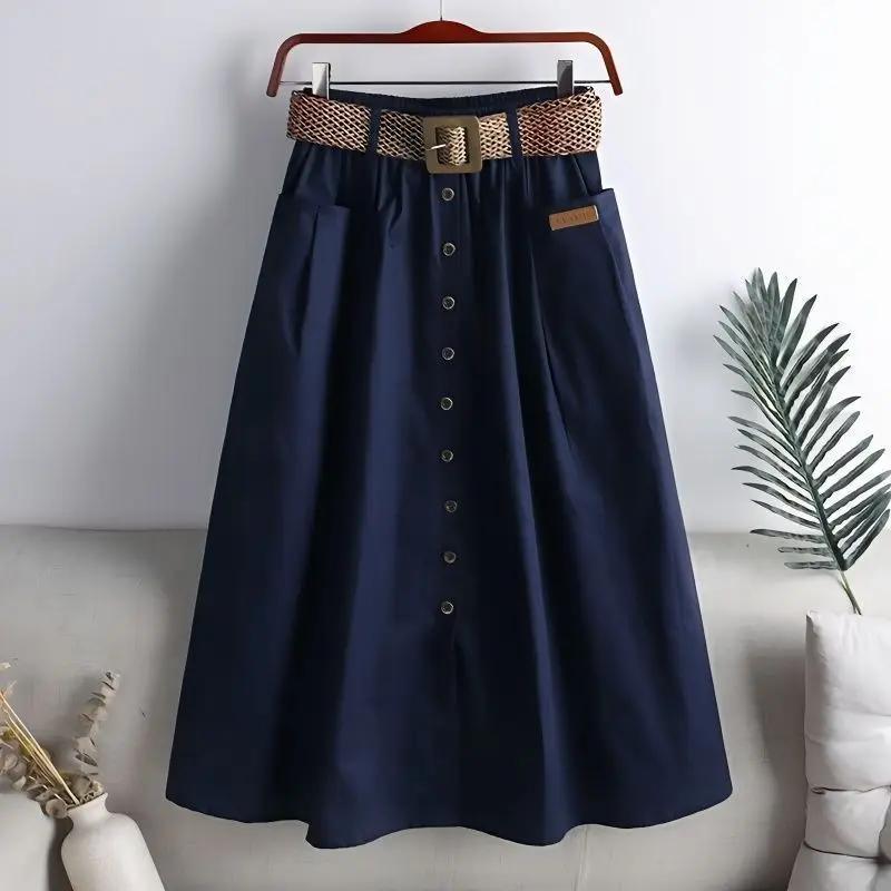 Summer High Waist Midi A-Line Skirt With Belt  Elastic Waist Pocket Design Slimming Pure Color Split Half Body Skirts for Women