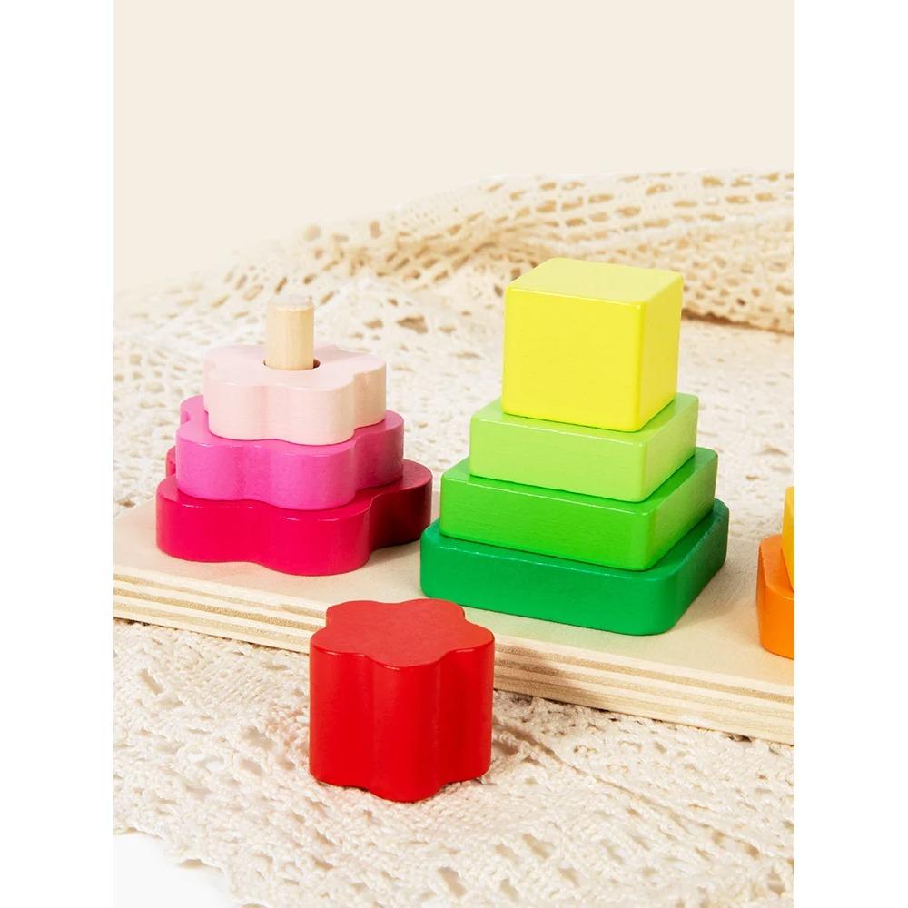 Wooden Four-Column Shape Sorting Stacking Toy - Suitable for Toddlers' Fine Motor Skills and Shape/Color Recognition