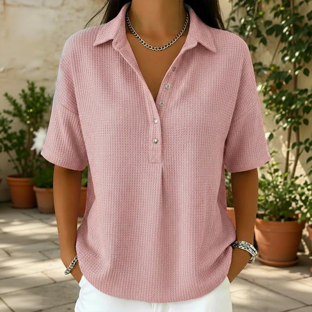 Women's Casual Waffle Knit Polo Shirt Short Sleeve Button Up Relaxed Fit Lightweight Top for Everyday Wear
