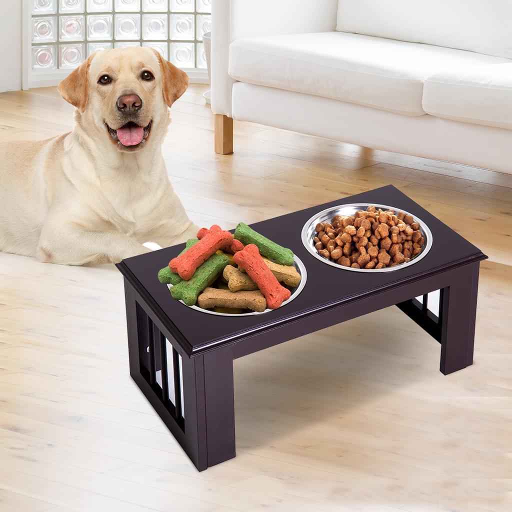 Raised Dog Feeding Bowls with Stand, Stainless Steel for Medium Dog, 58L x 31W x 25H cm - Brown