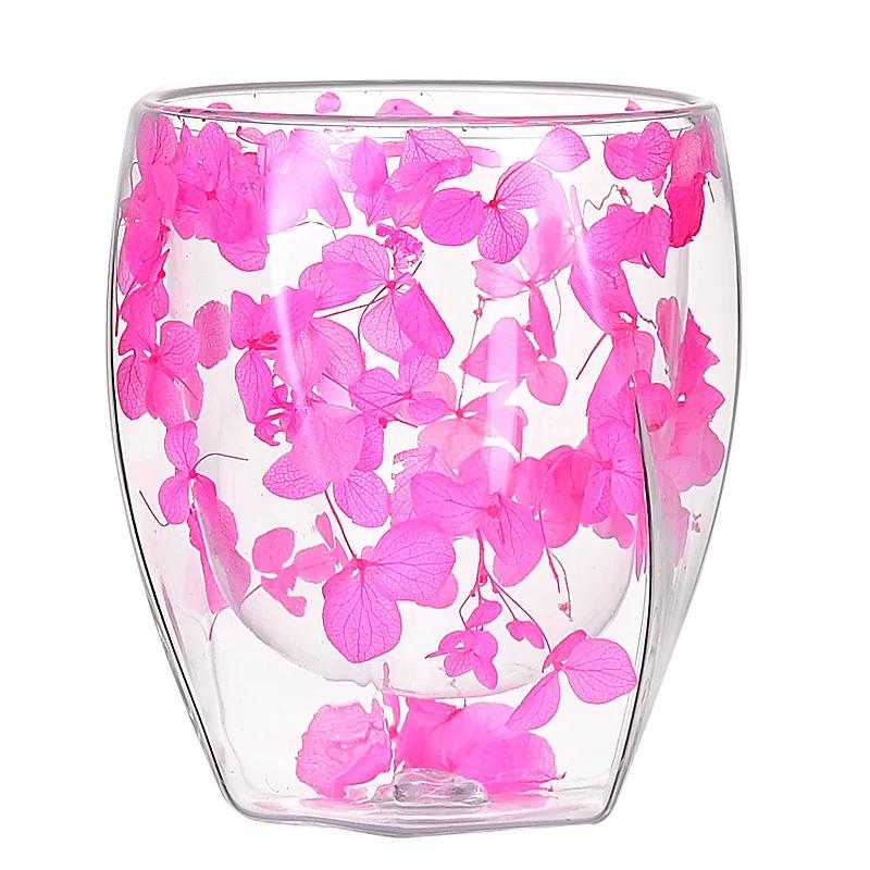 

1 шт. 350 мл Двойная стеклянная чашка с искусственными цветами, кофейная чашка, молочная кружка, термостойкие чайные чашки, стеклянная кружка, кухонная утварь 350ml розовый