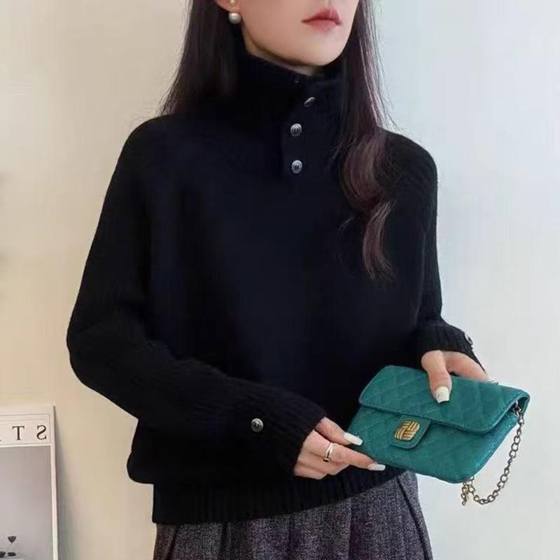 Women's Petite Retro High Neck Knit Pullover: Thick, Loose, Comfy Long Sleeve Sweater