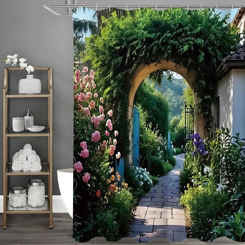 Vibrant Floral And Green Design Rustic Rustic Shower Curtain, Bathroom Decorative Shower Curtain, Waterproof Shower Curtain With W60H190(CM)-1 Pcs
