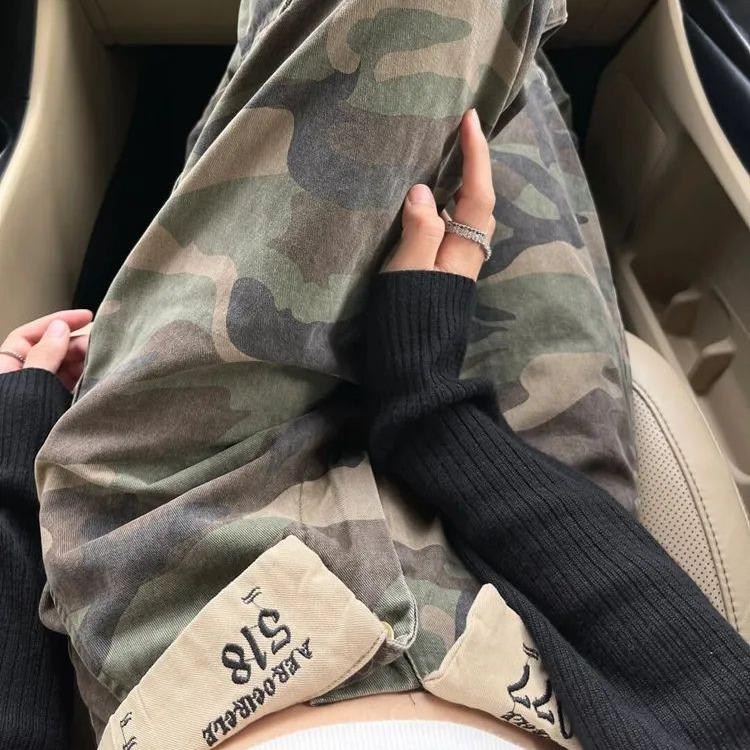 Retro American High Street Camouflage Workwear Jeans - Women's Turn-Up Straight Wide Leg Pants