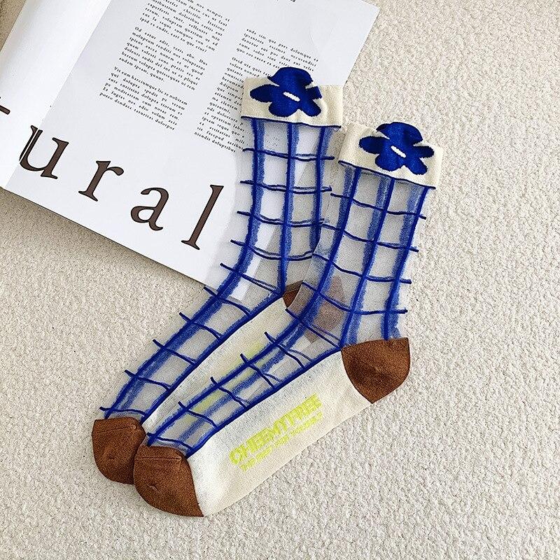 Ultra-thin Transparent Crystal Silk Socks Women Fashion Summer Harajuku Crew Socks Retro Flower Streetwear Elastic Long Socks