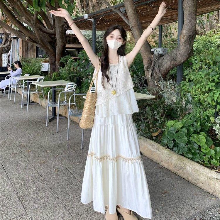 2025 Summer Ethnic Chinese Retro Hollow Camisole Dress Set - Sleeveless, High Waist, Two-Piece