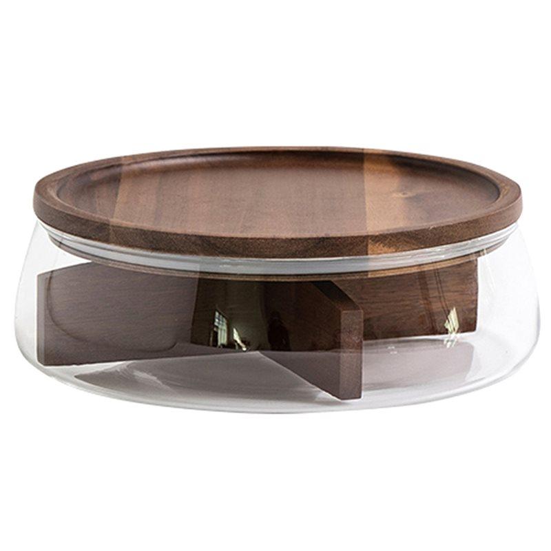 A25F-Multi-Compartment Glass Food Storage Container With Wooden Lid Snack Fruit Organizer Kitchen Living Room Desktop Serving