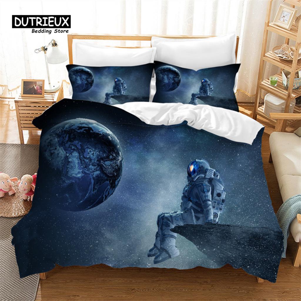 Cartoon Astronaut Duvet Cover King For Boys Girl Galaxy Space Bedding Set Microfiber Rocket Ship Space Adventure Comforter Cover