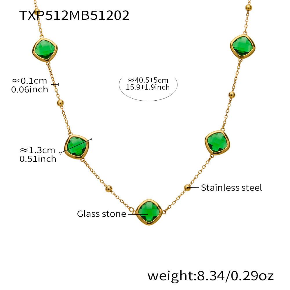 Stylish European & American Stainless Steel Jewelry Set with Square Faceted Glass Stones: Includes Bracelet, Necklace, and Earrings