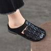 Johnature Genuine Leather Round Toe Flat Slippers Hollow Out Soft Soled Outdoor Slides Women's Slip-on Sheos