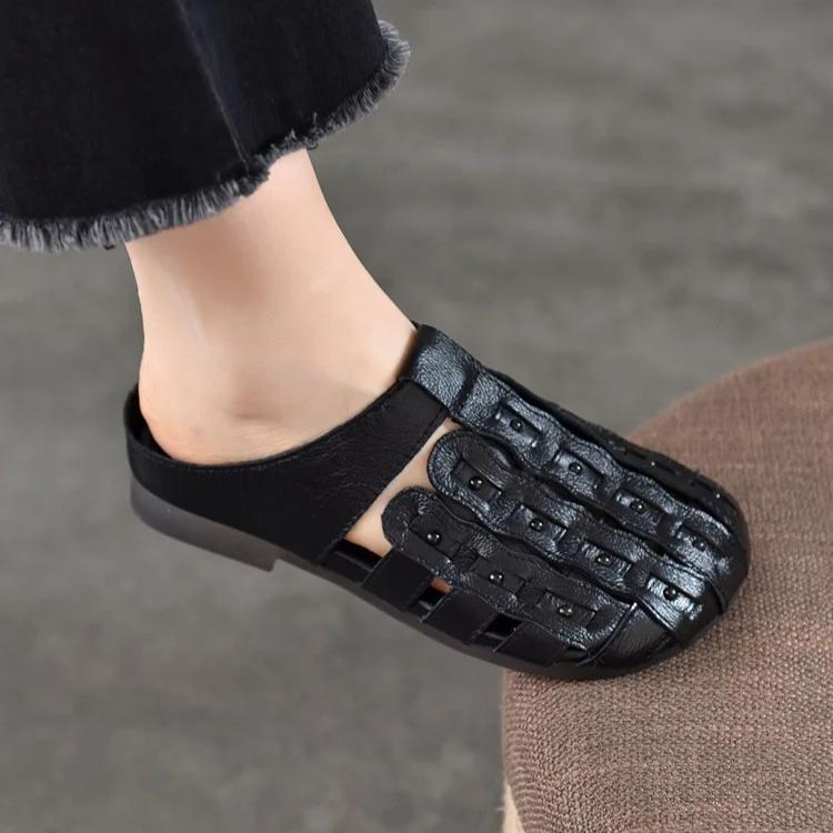 Johnature Genuine Leather Round Toe Flat Slippers Hollow Out Soft Soled Outdoor Slides Women's Slip-on Sheos
