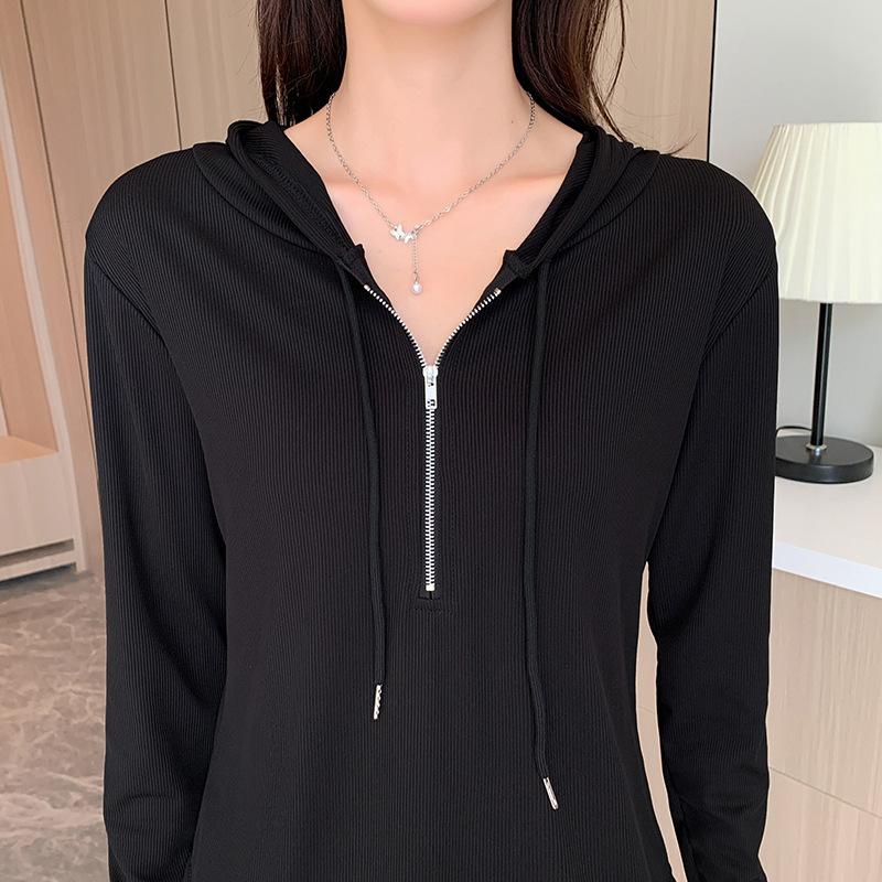 

Ice Silk Hooded Long-sleeved T-shirt for Women s New Korean Style Slim and Sweet Style Commuting White Cardigan Top XXL чорний