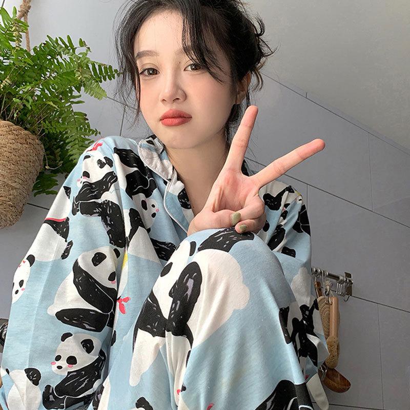 Spring And Autumn Pajamas Women'S Cardigan Long-Sleeved Trousers Korean Girls' Simple Cartoon Loungewear Suit Can Be Worn Outside