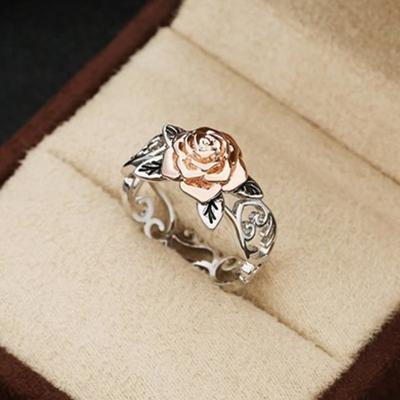 Fashion Plated Rose Gold Flower Ring European and American Retro Plated Silver Color Separation Engagement Wedding Ring