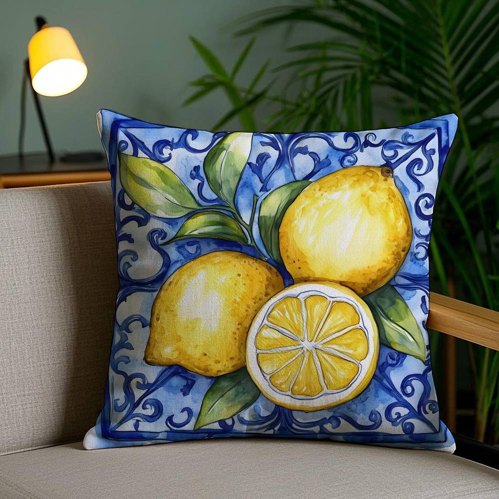

Blue toned Watercolor Lemon Pillow Case Antidustmite Invisible zipper Sofa Bed 30X30cm