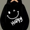 Boys' Joyful Face Hooded Sweatshirt Pure White Print Comfortable and Skin-Friendly Suitable for School and Daily Casual Wear