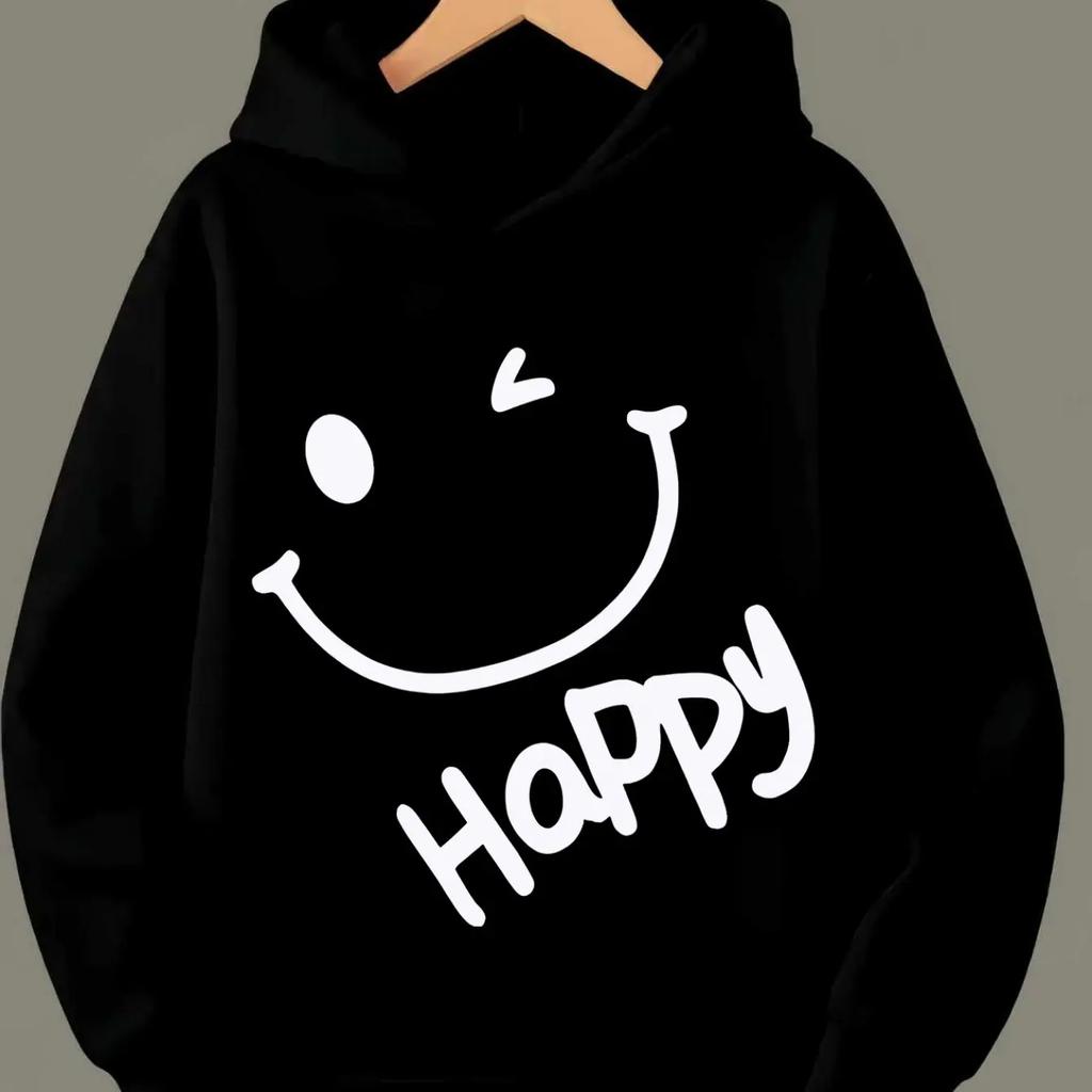 Boys' Joyful Face Hooded Sweatshirt Pure White Print Comfortable and Skin-Friendly Suitable for School and Daily Casual Wear