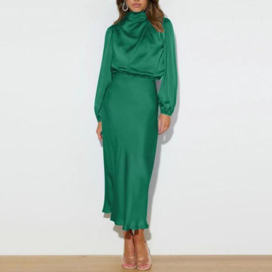 Women Dress Half-high Collar Satin Long Sleeve Solid Color Hollow Out Lantern Sleeve