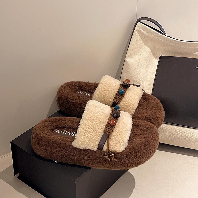 2025 nowe damskie buty buty z wełny jagnięcej kręcone włosy nosić kok klapki jednopasek buty na platformie aksamit bawełna mop