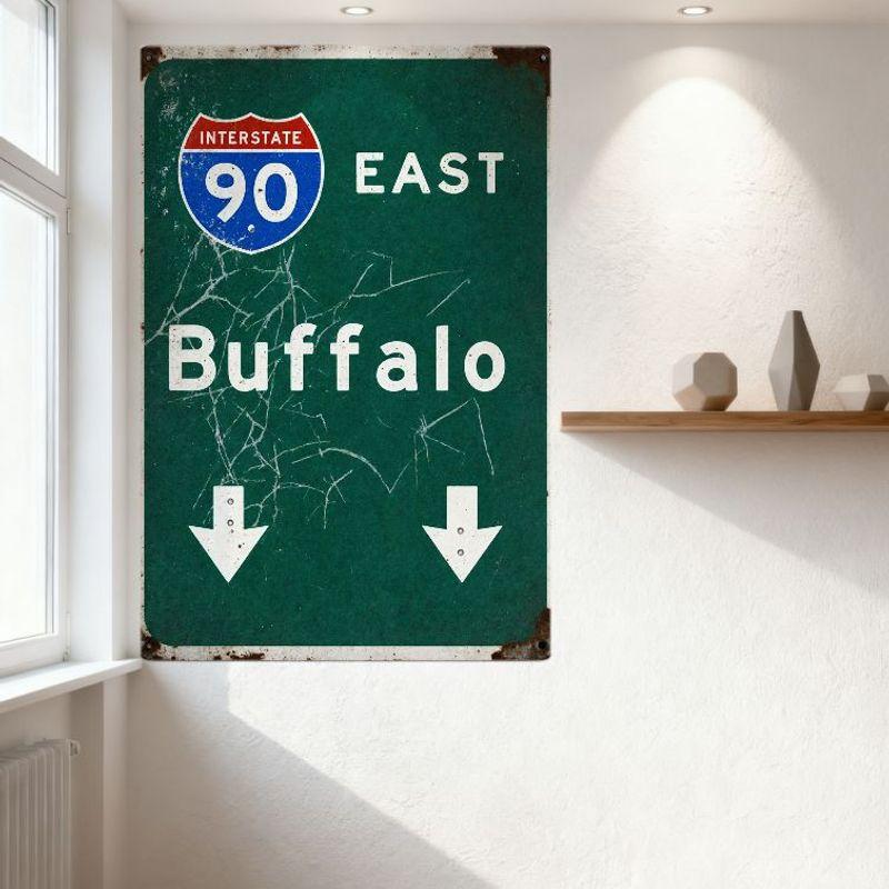 Vintage Weathered Interstate 90 East Buffalo Road Sign Metal Tin Sign for Bar Pub Home Cafe Wall Decor, 8x12 Inch