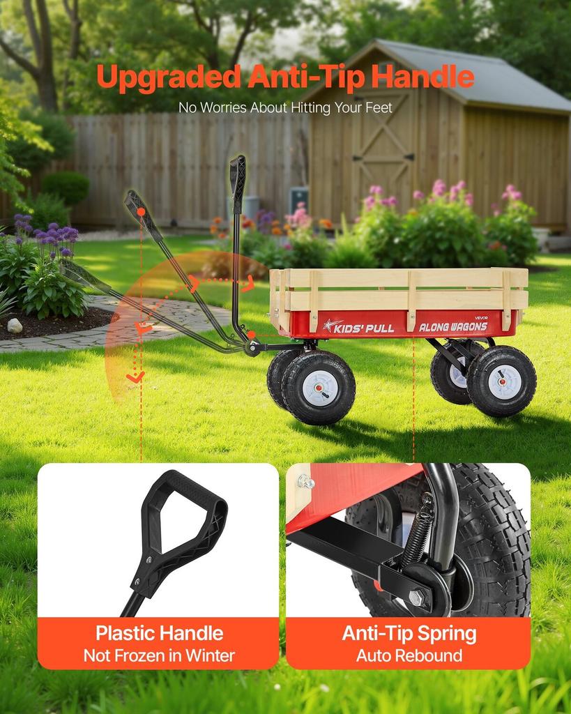 Ziehwagen für Kinder, 101 cm Kleinkind-Wagen mit Holzpaneelen & Griff, Belastbar bis 150 kg, Geländegängiger Nutzanhänger Geburtstaggeschenk für