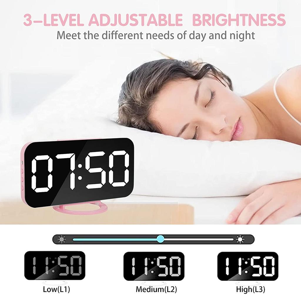 Digital Alarm Clock,large Mirrored Led Clock,snooze,dim Night Light 2 Usb Charger Ports Desk