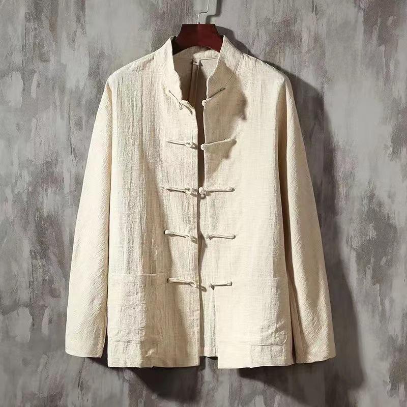 Chinese Style Men's Disc Buckle Cotton Linen Shirt Stand-up Collar Men's Retro Style Blouse Spring and Autumn Chinese Linen Long-sleeved Shirt