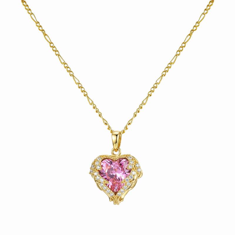 18K Gold Heart Series Copper Necklace with 3-Color Zirconia and Water Ripple Clavicle Chain