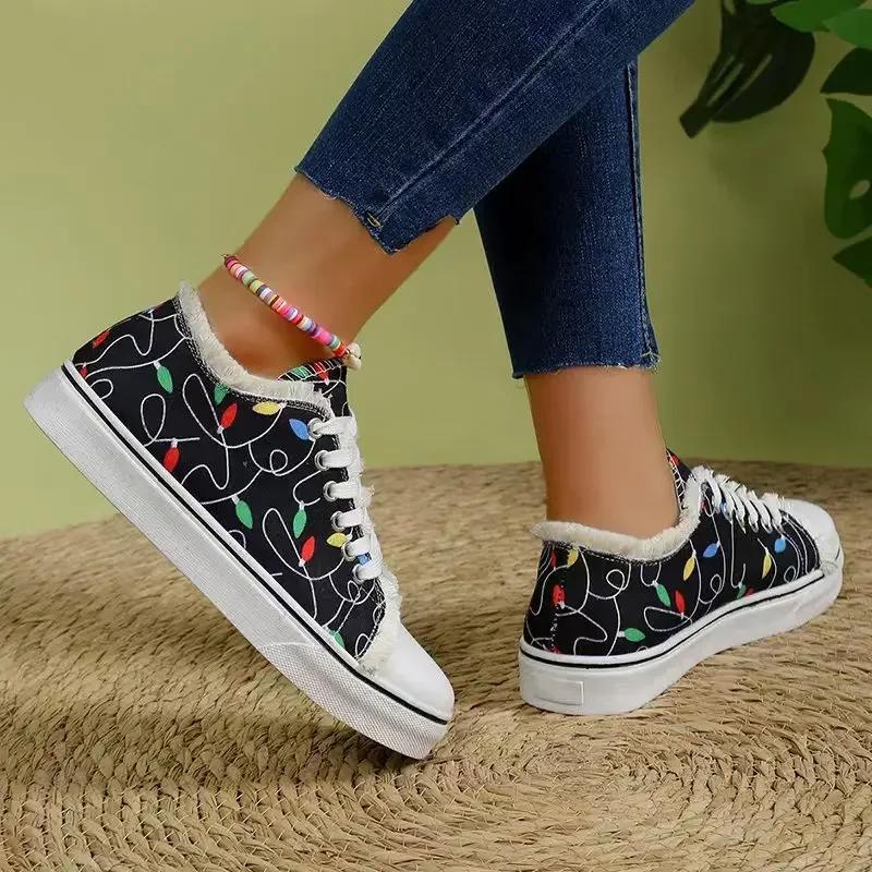 Fashion Women Designer Cartoon Graffiti Casual Shoes Woman Canvas Breathable Fashion Lace-Up Round Toe Sneakers Female Vulcanized Shoes
