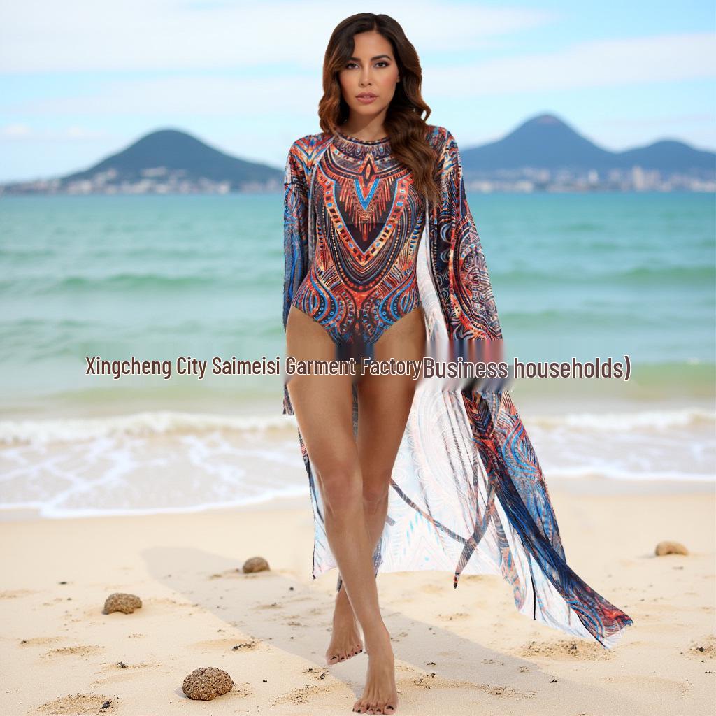 Women's Long-Sleeve Mesh Cover-Up Swimsuit