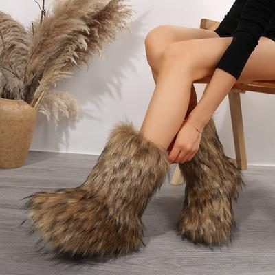 2024 Winter Women's Fashionable Snow Boots Warm Cotton Shoes Fluffy Mid-calf Boots Artificial Fur Thickened Women's Shoes