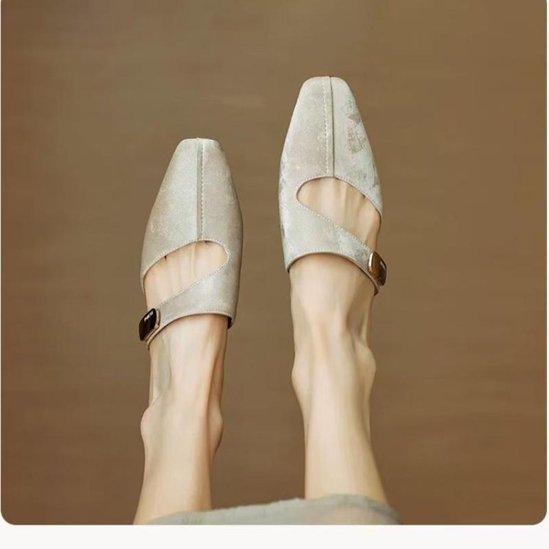 Modne Klapki Damskie 2025 Letnie Buty Pokrowce Szpilki Sukienka Metalowe Wsuwane Mokasyny Kwadratowy Nosek Gruba Obcas Wycinane Buty