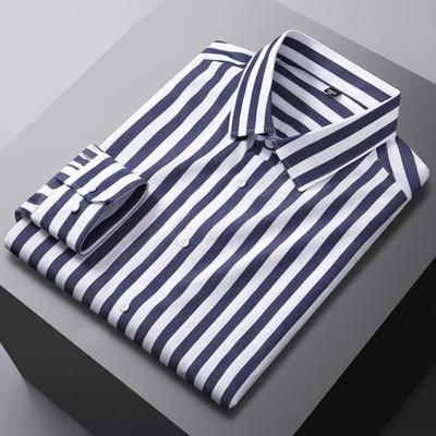 Men's Non-Iron Contrast Striped Dress Shirt, No Pocket Comfortable Pure Cotton Easy Care Formal Menswear Clothing for Business