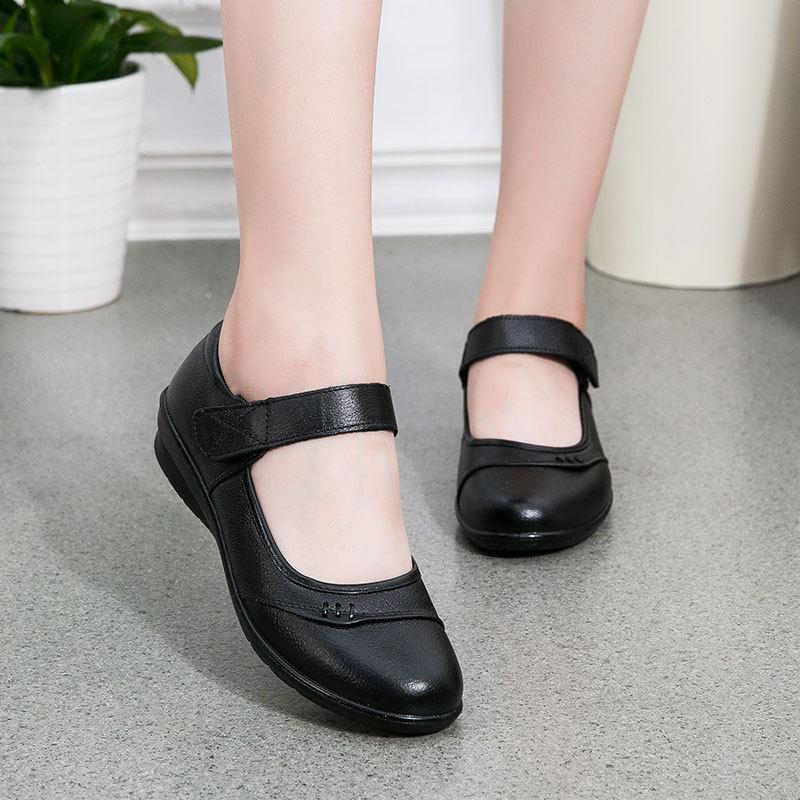 Spring Autumn Women Flats Black Soft Genuine Leather Shoes Brand Elegant Ladies Mary Jane Mother Shoes Plus Size 41