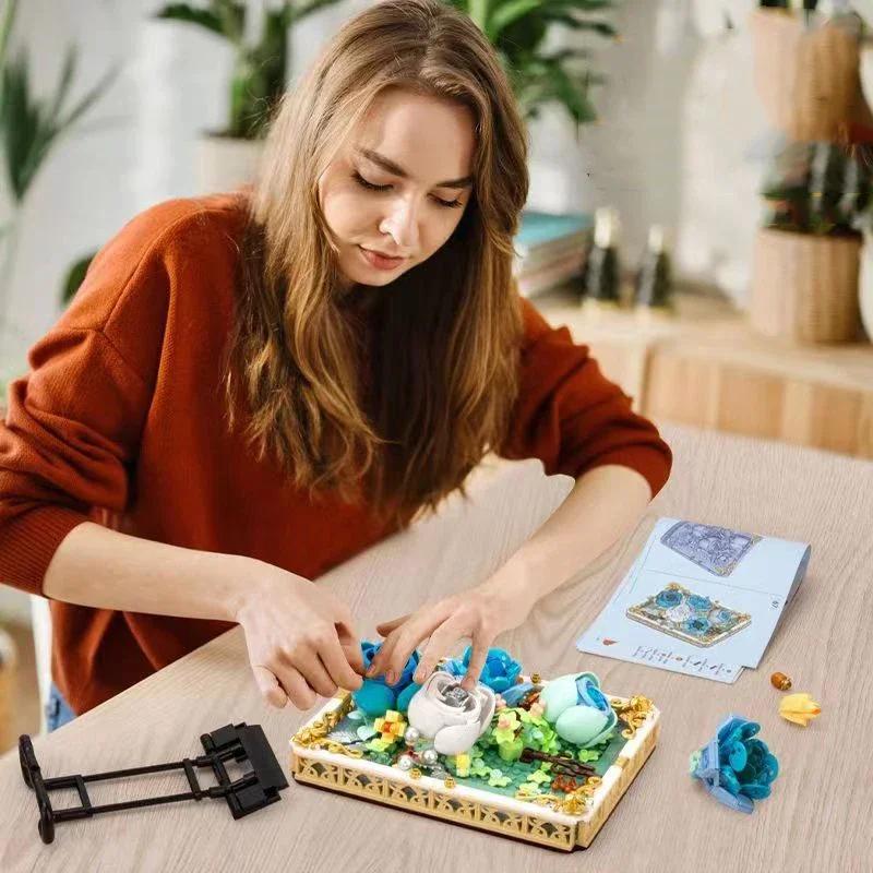 651PCS Preserved Flower Photo Frame Building Blocks Blue White Rose 3D Puzzle Toy DIY Model Bricks Flower Kids Holiday Gifts
