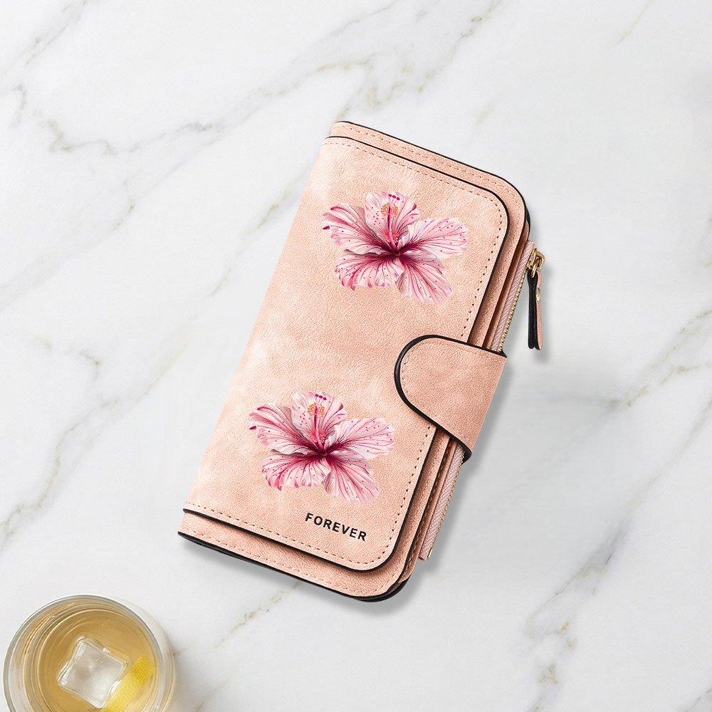 Long wallet with pink and white hibiscus flower close up print multifunctional portable coin purse with clasp suitable for daily commuting travel
