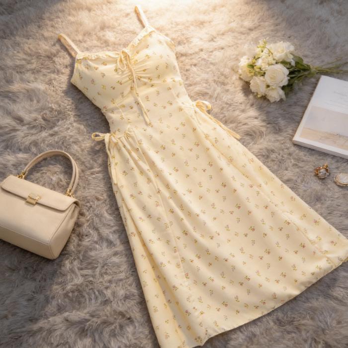 Petite French Yellow Floral Strappy Dress – Women s Summer Style S