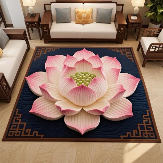 Lotus Area Rug Non-slip Washable Flower Indoor Floor Mat Chinese Style Lotus Carpet Living Room Bedroom Office Home Decoration