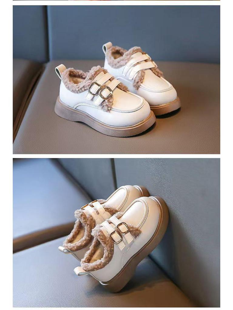 Girls' Cotton Fleece Princess Shoes - 2025 Autumn/Winter British Style, Warm & Thickened Soft Sole Leather Shoes