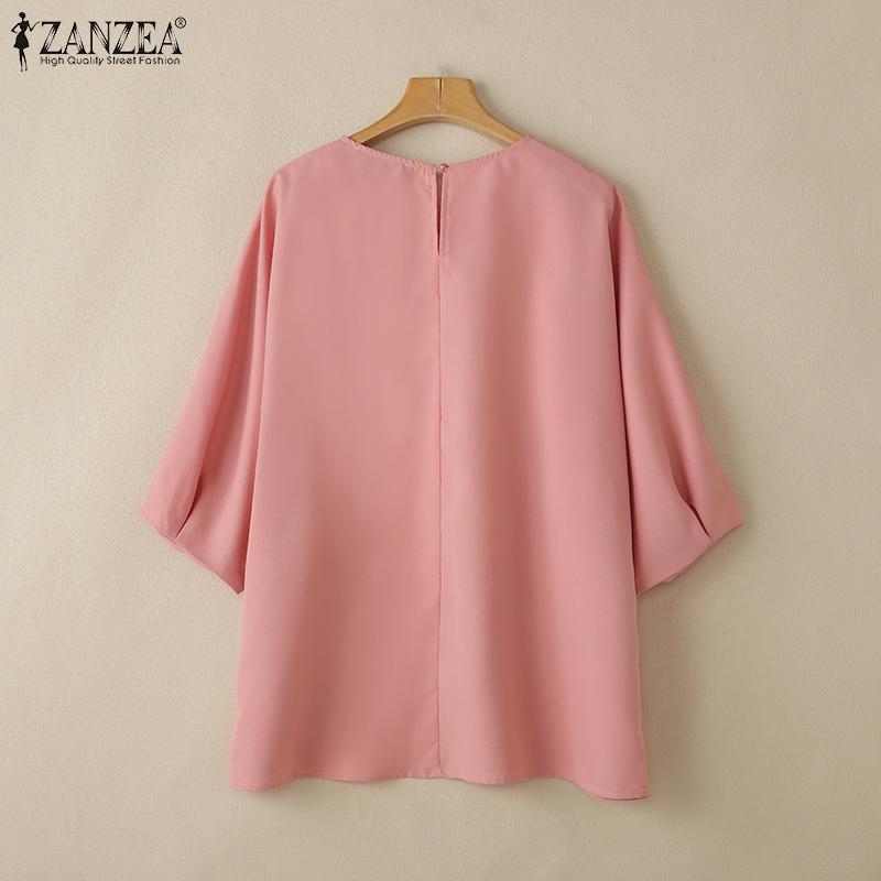 ZANZEA Womens Summer Casual Round Neck 3/4 Sleeve Loose Blouse
