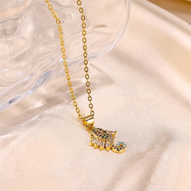 18k Gold Seahorse Pendant Necklace with Colorful Zircons - Women's Cute Animal Clavicle Chain